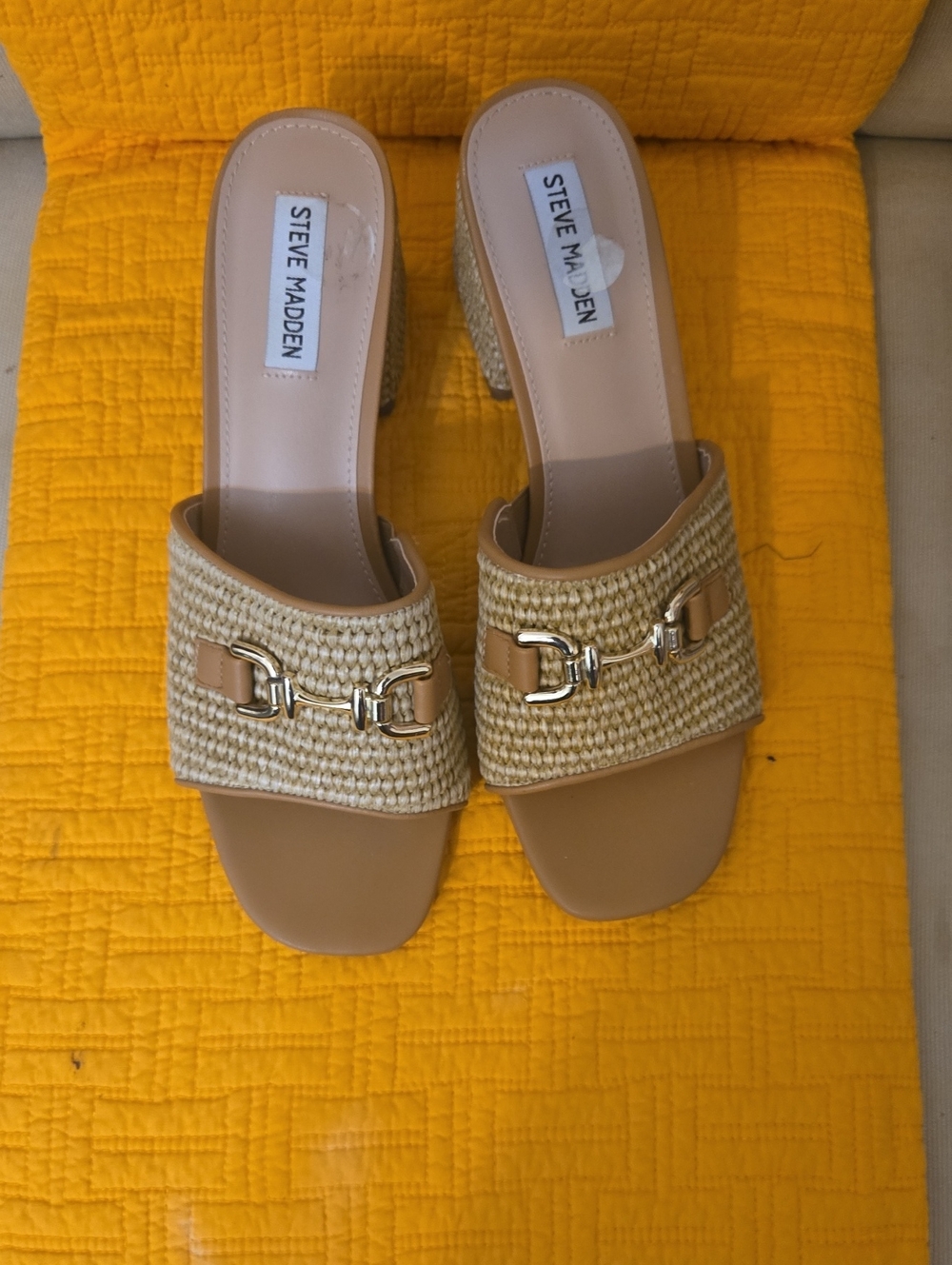 Steve Madden Tan Woven Slide Mules with Gold Buckle